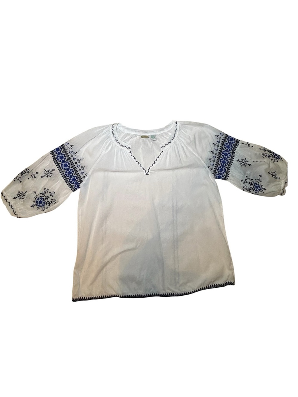 Collections Etc. White Cotton Embroidered Sleeve Peasant Top Size XL